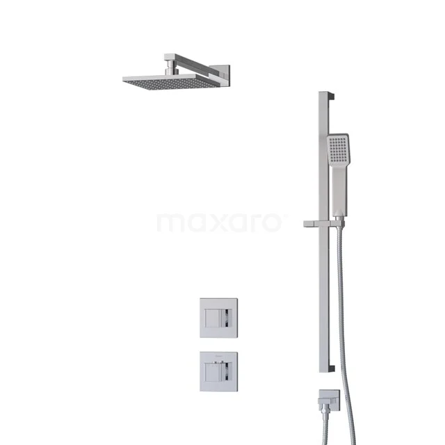 Modern square rain shower set in chrome, incl. handheld shower and concealed thermostat, perfect for luxury bathroom design.