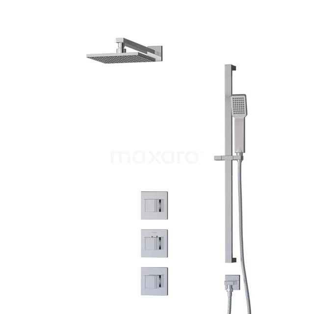 Chrome square rain shower set with recessed thermostat, handheld shower and knobs, ideal for a modern bathroom.