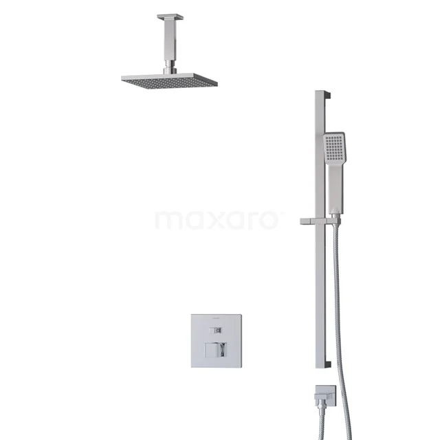 Viereckige Regendusche-Set in Chrom, einschließlich Handbrause und Einbau-Thermostat, ideal für ein modernes Badezimmer.