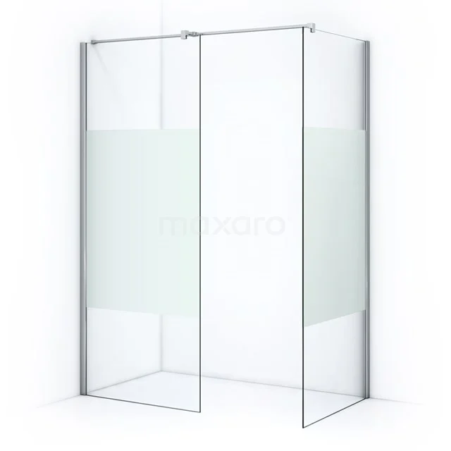 Transparent shower screen with frosted glass detail, silver frame, modern design, perfect for a stylish bathroom.