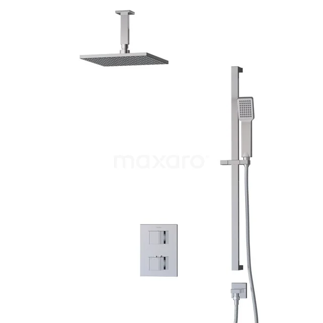 Viereckige chromatische Regenduschen mit eingebautem Thermostat, Handbrause und Deckenmontage, ideal für ein modernes Badezimmer.
