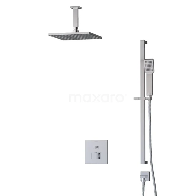 Viereckige Regendusche Set aus Chrom mit Thermostatarmatur und Handbrause, ideal für ein modernes Badezimmer.