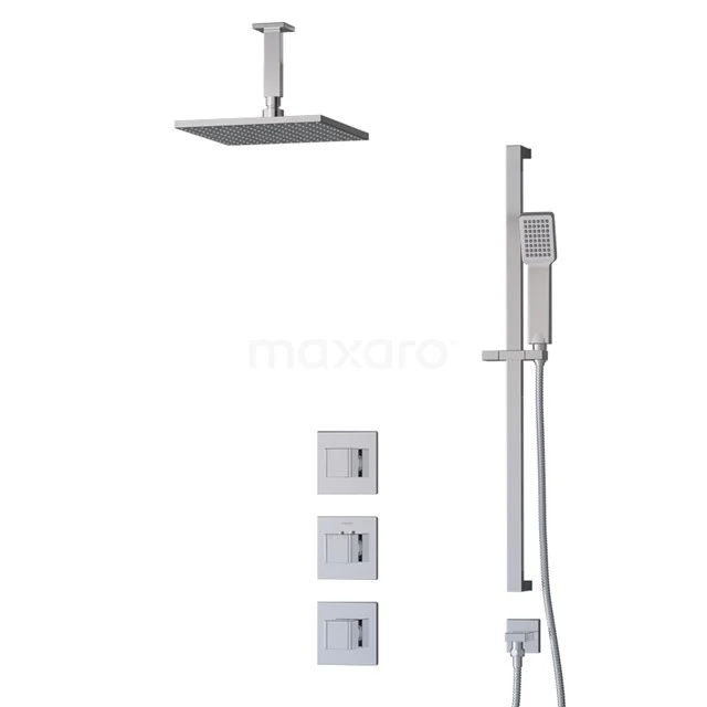 Luxury rain shower set with square chrome overhead shower, handheld shower and thermostatic mixer tap, ideal for modern bathrooms.