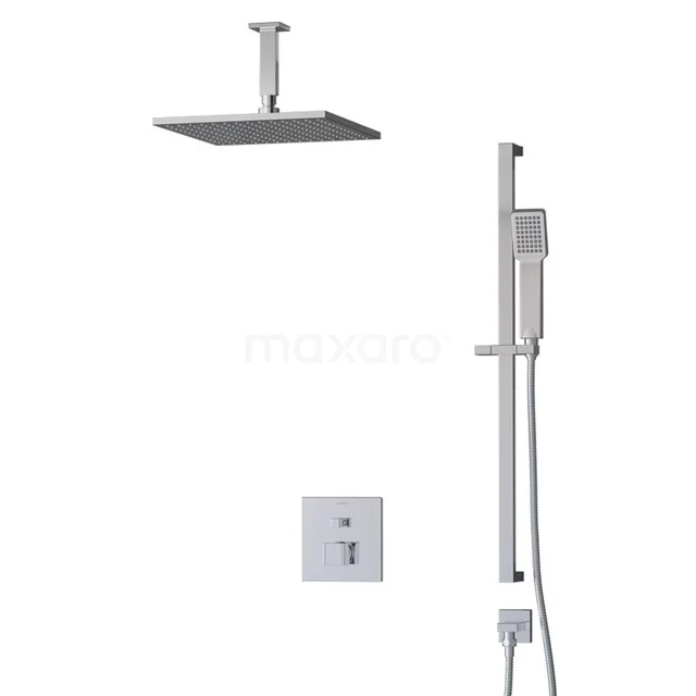 Viereckige Regendusche Set, Chrom, mit Handbrause und Einbau-Thermostat, ideal für einen modernen Badezimmerstil.