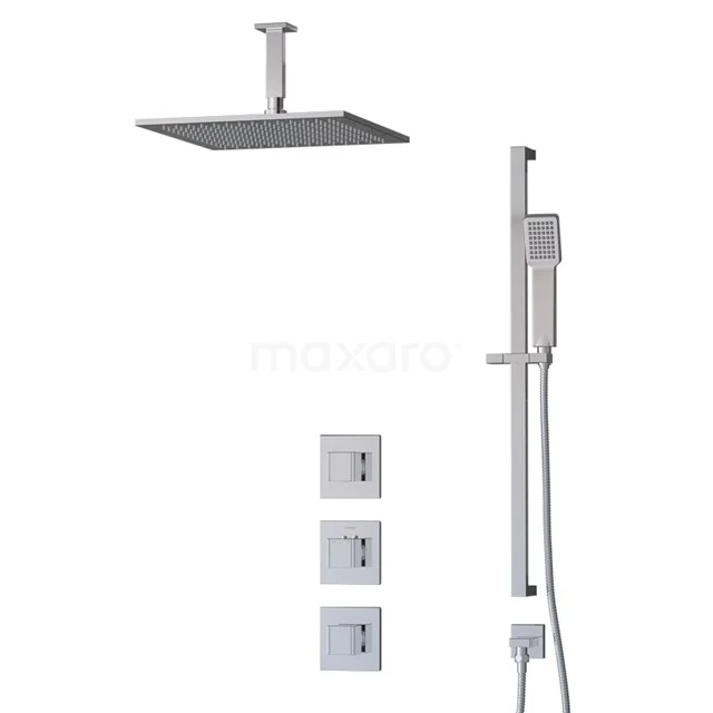 Viereckige Regenduschen-Set in Chrom mit Einbau-Thermostat, Handbrause und schicker Verarbeitung; modernes Design für luxuriöse Bäder.