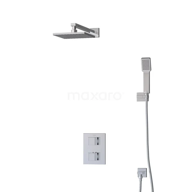 Viereckige Edelstahl Regendusche Set mit Handbrause und thermostatischer Armatur, ideal für ein modernes Badezimmer.