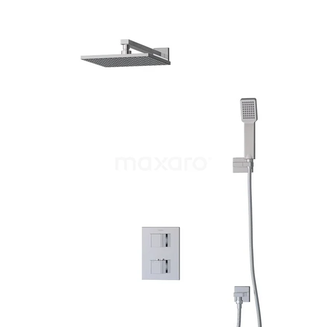 Regendusche Cubic Chrom 25cm Unterputz Thermostat Chrom BIC22-00341 Viereckige Regendusche-Set in Chrom mit Thermostatarmatur und Handbrause; stilvoll und modern für ein luxuriöses Badezimmererlebnis.