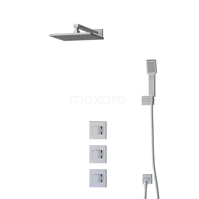 Square Stainless steel built-in rain shower set with handheld shower and thermostat, ideal for a modern bathroom design.