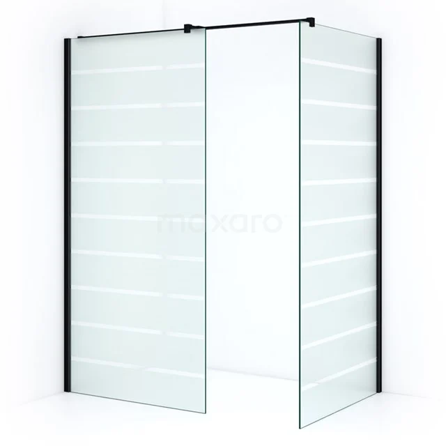 Duschwand mit mattschwarzem Profil, Schiebetür und mattem Glasstreifen; platzsparend, ideal für moderne Bäder.