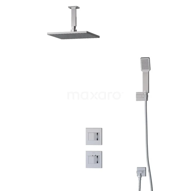 Square rain shower set with built-in thermostat, chrome finish and handheld shower. Perfect for a modern bathroom.