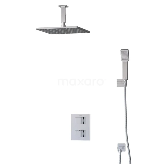 Viereckige chromatische Regendusche Set, einschließlich Handbrause und Thermostatarmatur, ideal für moderne und luxuriöse Bäder.