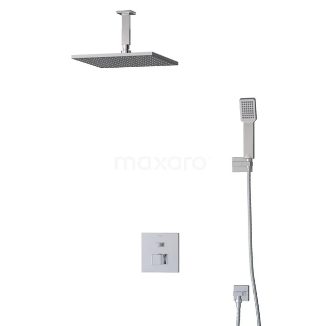 Viereckige Edelstahl Regendusche Set mit Handbrause und Einbau-Thermostat, perfekt für eine moderne Badezimmer Einrichtung.