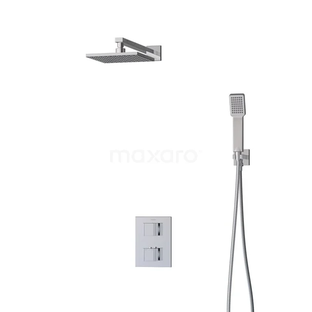 Viereckige chromatische Regendusche mit Handbrause, minimalistisches Design, einschließlich Einbau-Thermostat für moderne Bäder.