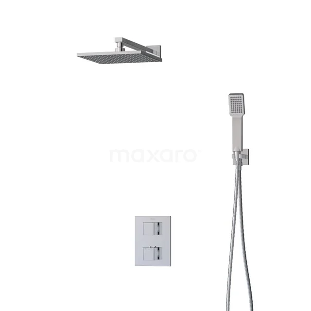 Regendusche Cubic Chrom 25cm Unterputz Thermostat Chrom BIC22-00369 Viereckige Regendusche-Set mit Thermostatarmatur und Handbrause, Chromfarbe, modernes Design, ideal für luxuriöse Badezimmerentspannung.