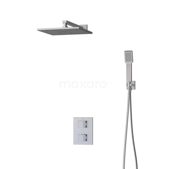 Viereckige Regendusche mit Handbrause, Edelstahl-Optik, wassersparendes Design, perfekt für ein modernes Badezimmer.