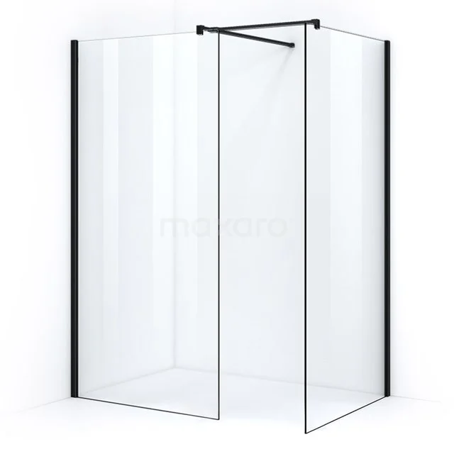 Duschwand aus Glas mit schwarzen Profilen, Eckaufstellung und klarem Design; ideal für moderne Badezimmergestaltungen.