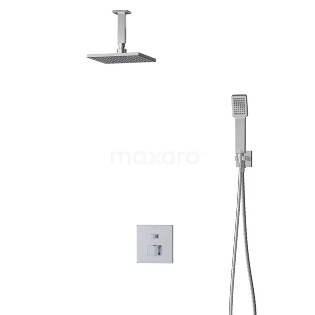 Viereckige Regendusche mit Handbrause, Edelstahl, minimalistisches Design, perfekt für ein modernes Badezimmer.