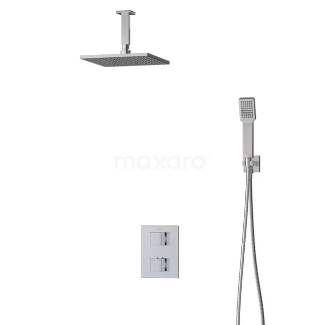 Inbouw Regenduschen-Set quadratisch Chrom, mit thermostatischer Mischbatterie, Handbrause und Regenduschekopf aus rostfreiem Stahl.