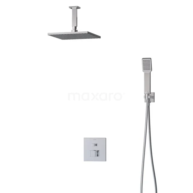 Viereckige Regendusche-Set, Chromfarbe, mit Handbrause und Einbauarmatur; modernes Badezimmerdesign für luxuriöses Duscherlebnis.