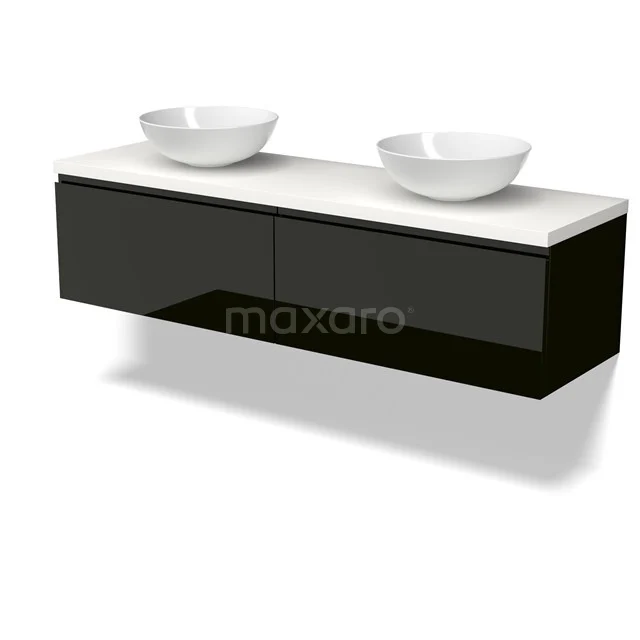 Modulo Plato Vanity units for countertop basin | 160 cm High-gloss black Handle-less front Matte white worktop 2 Side-by-side drawers BMK12-02129