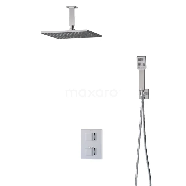 Viereckige Edelstahl-Regendusche mit Handbrause und Einbau-Thermostat, ideal für einen modernen Badezimmer-Stil.