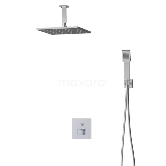 Viereckige Regendusche Set in Chrom, einschließlich Handbrause und Einbau-Thermostat, ideal für einen modernen Badezimmerstil.