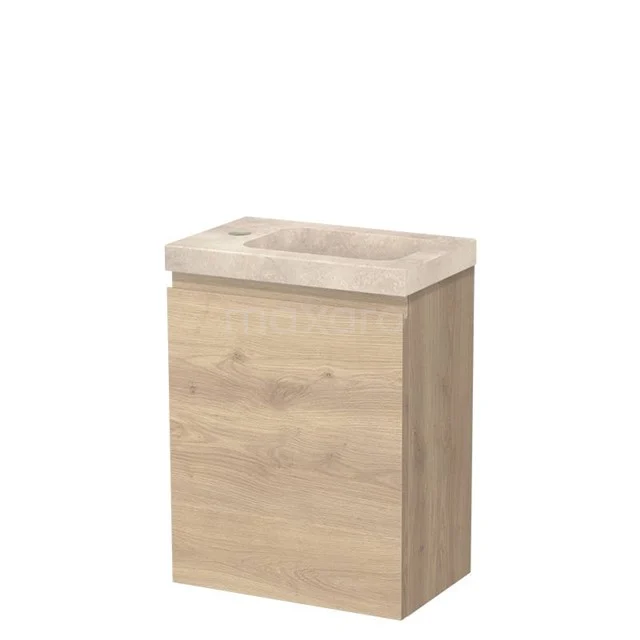 Modulo Pico WC-Möbel mit Waschbecken | 40 cm Hellbraune Eiche Grifflose Front Waschbecken Travertin Naturstein TMW10-00642