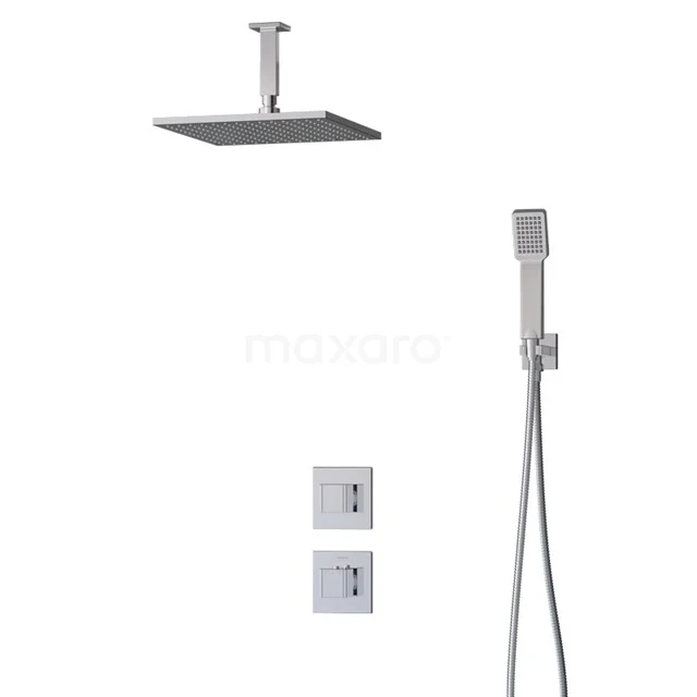 Square rain shower set with handheld shower, Stainless steel finish, minimalist design. Perfect for modern bathroom design.