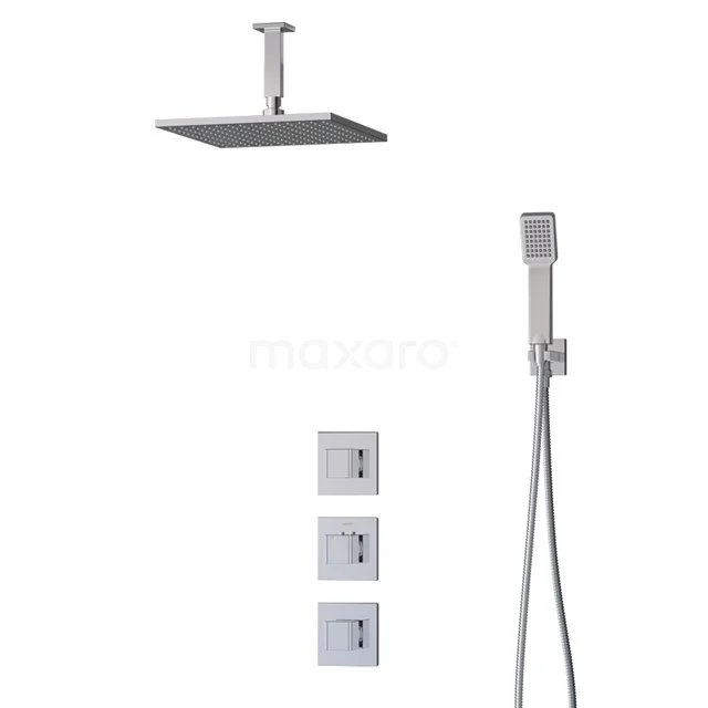 Stainless steel rain shower set with handheld shower, square shape, built-in thermostatic knobs; modern bathroom design.