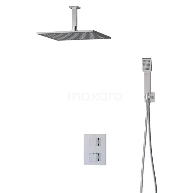 Square, stainless steel rain shower with handheld shower and concealed thermostat, modern design for a luxurious bathroom experience.
