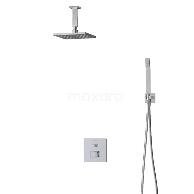 Viereckige Regendusche-Set, verchromte Ausführung, mit Handbrause und eingebautem Thermostat, ideal für ein modernes Badezimmer.