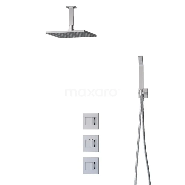Square stainless steel rain shower set with handheld shower, recessed thermostat and modern controls, ideal for luxury bathrooms.