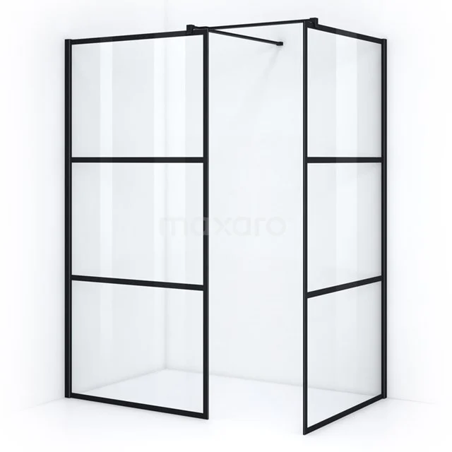 Walk-in shower 90x90cm Black Stripes Safety glass 8mm Matte Black IPB0909508M Black industrial shower screen with doors, metal and glass, suitable for modern bathrooms.