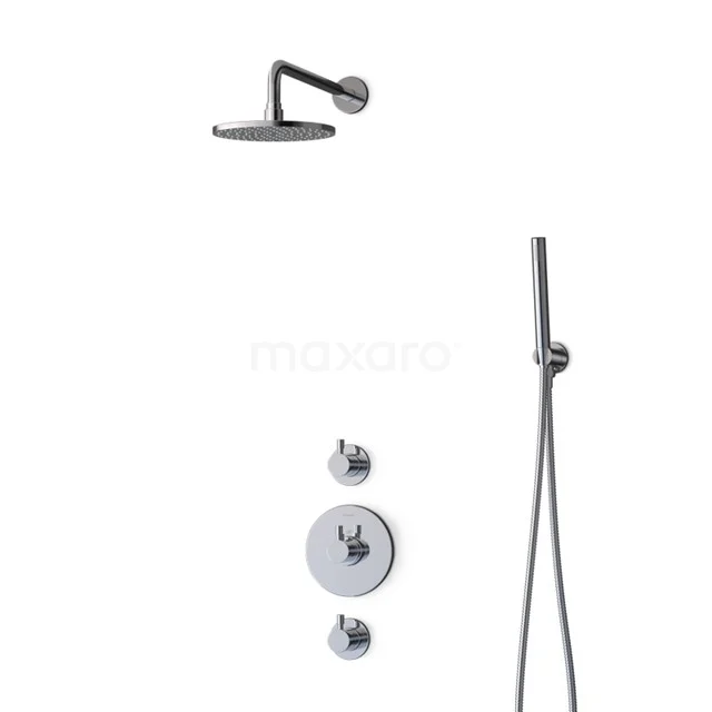 Modern stainless steel rain shower set with round shapes, handheld shower and thermostatic mixer; ideal for a luxurious bathroom style.