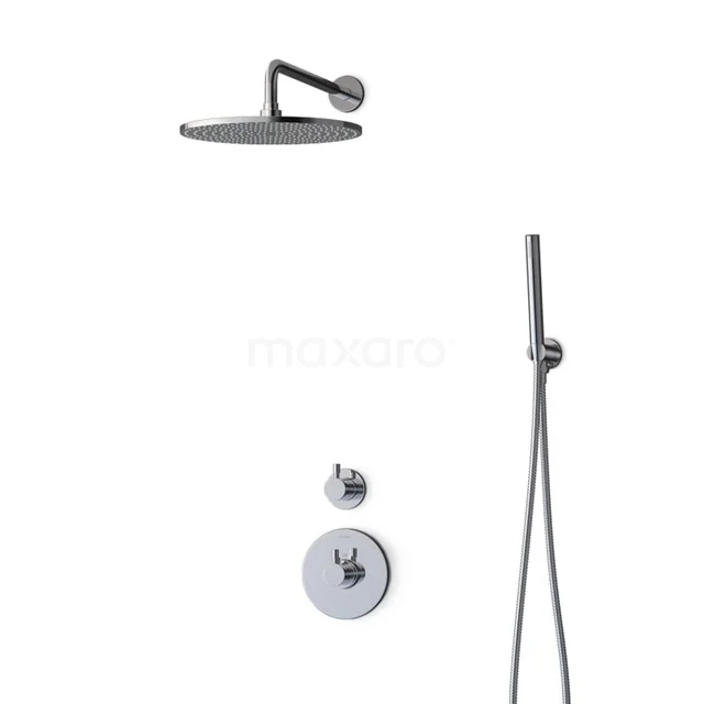 Modern chrome rain shower set with round head shower, handheld shower and thermostat knob, ideal for a luxurious bathroom experience.