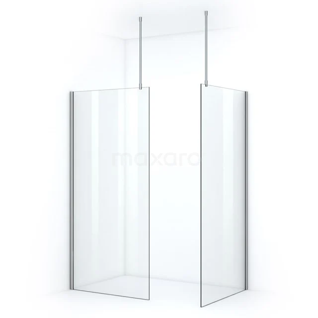 Minimalist ceiling-mounted glass shower screen with clear glass and aluminium profiles, perfect for a modern bathroom.