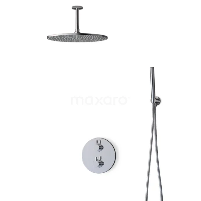 Matt Schwarz Regendusche Set mit Handbrause und Thermostatarmatur, minimalistisches Design, ideal für ein modernes Badezimmer.