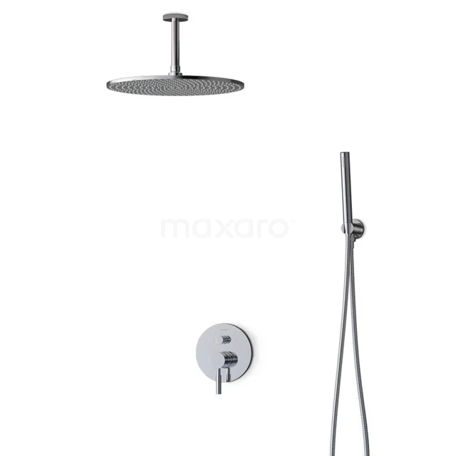 Schwarze runde Regendusche und Handbrause aus Edelstahl, einschließlich Unterputz-Armatur, für einen modernen Badezimmerstil.