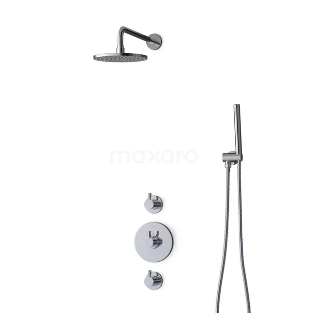 Chrome rain shower set with round rain shower head, handheld shower and mixer tap; ideal choice for a modern bathroom.