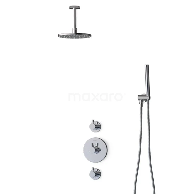 Chromfarbige Einbau Regendusche Set mit Handbrause, runder Designkopf und minimalistischen Knöpfen, ideal für moderne Bäder.