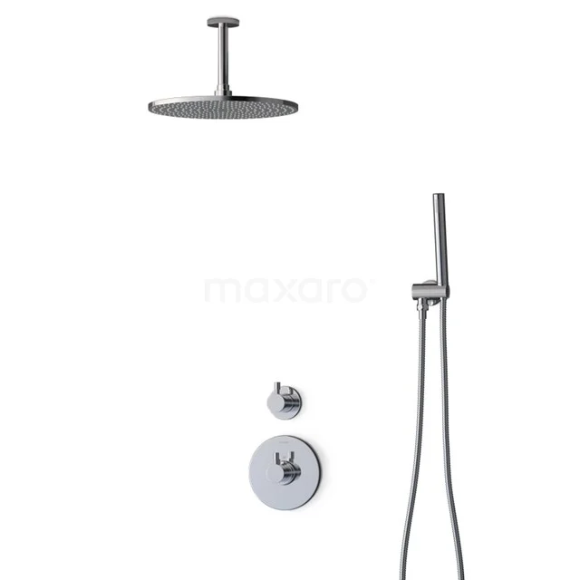 Modern chrome rain shower set with handheld shower, round shape, wall mount; ideal for a stylish bathroom upgrade.