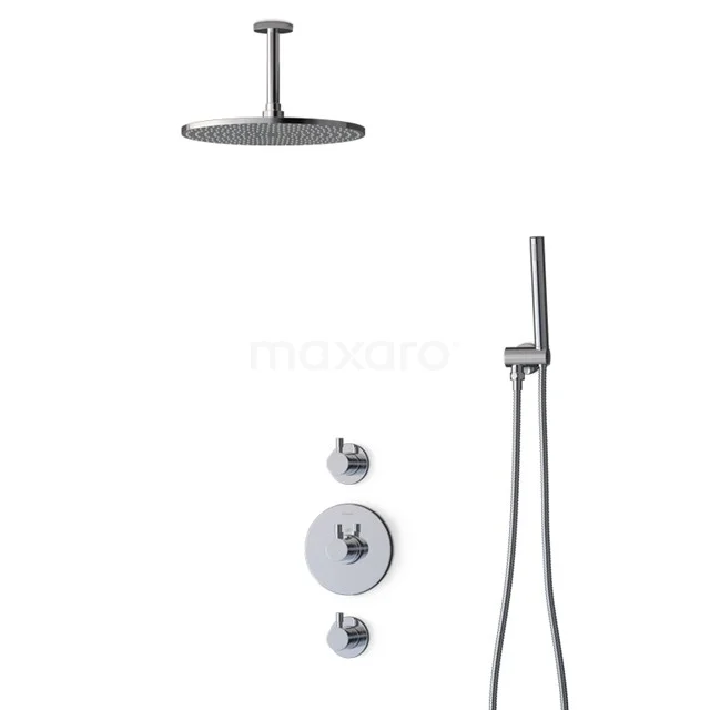 Chrome-coloured rain shower set with round ceiling overhead shower, handheld shower and thermostatic mixer, ideal for a modern bathroom.