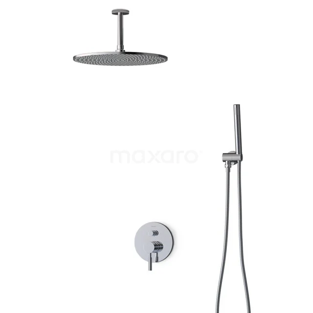 Runde Regendusche in Chrom mit Handbrause und Mischbatterie, ideal als moderne Badezimmerlösung.