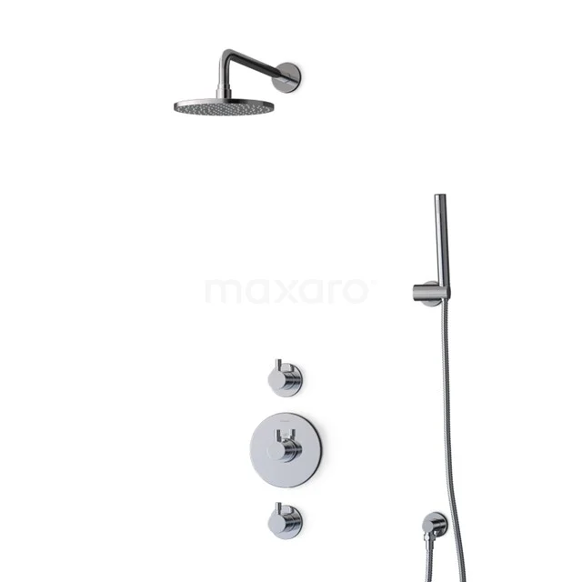 Chromen Regenduschen mit runder Duschkopf und Handbrause, minimalistisches Design für einen modernen Badezimmerstil.