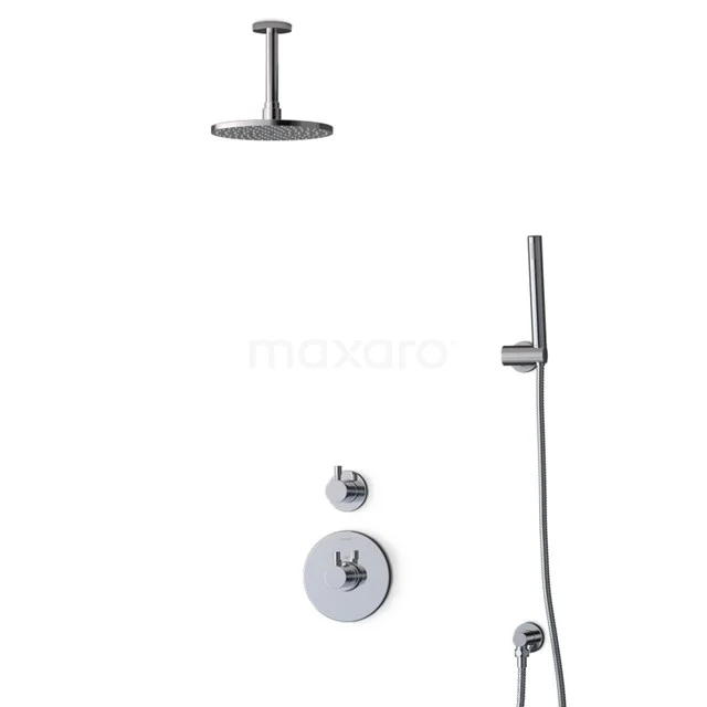 Matte black rain shower set with handheld shower, including round chrome parts, perfect for a modern bathroom.