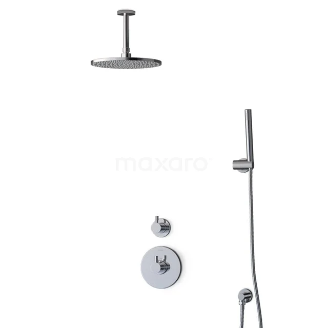 Runde Regenduschen-Set Chrom mit Wandarm, Handbrause und Thermostatarmatur. Perfekte Wahl für moderne Bäder.