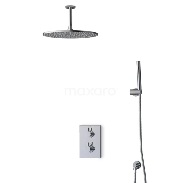 Minimalistisches matt schwarzes Duschesystem mit runder Regendusche, Handbrause und Thermostatarmatur. Perfekt für moderne Bäder.