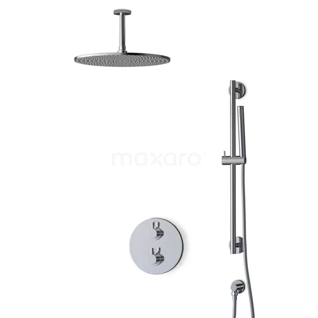 Regendusche Set Radius Chrom 35cm Unterputz Thermostat Chrom BIC55-00136 Schwarze Edelstahl Einbau Regenduschenset mit Handbrause, runde Form, ideal für ein modernes Badezimmer.