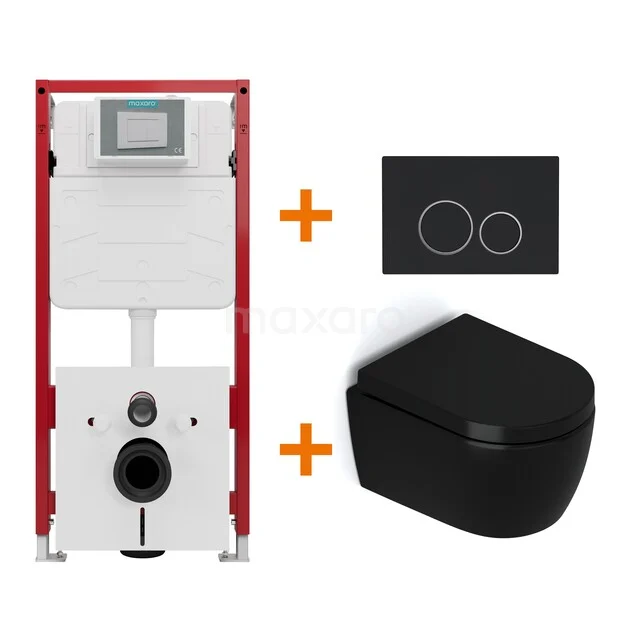 Toiletset Mat zwart zonder Spoelrand + Maxaro Flush inbouwreservoir TOI1188