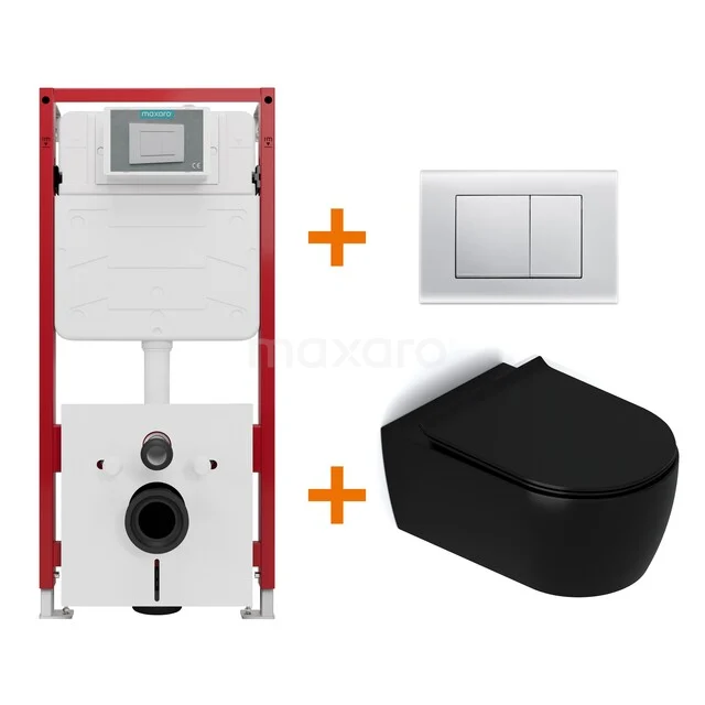 Toiletset Mat zwart met Spoelrand + Maxaro Flush inbouwreservoir TOI1216